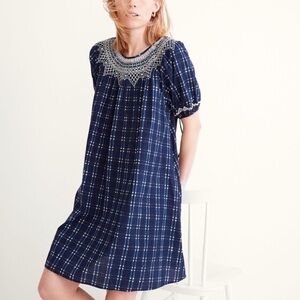 Madewell dress XXS Embroidered Puff-Sleeve mini Babydoll boho blue  Plaid